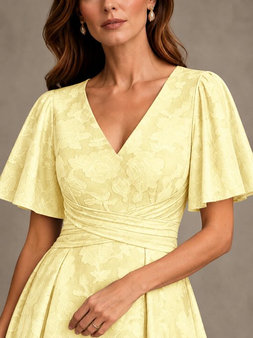 V-Neck Floral Jacquard Tea-Length Mother of the Bride Dress