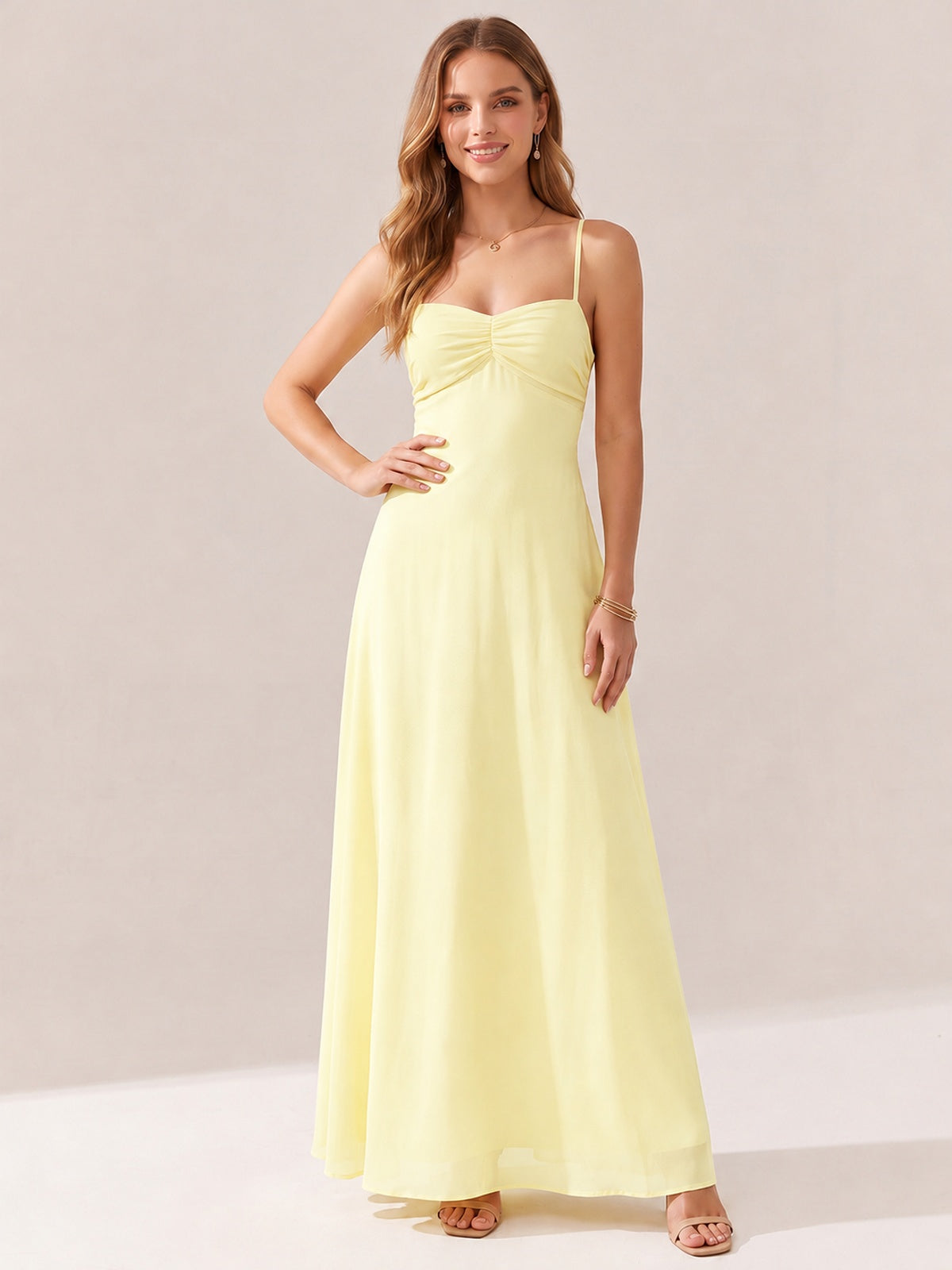 JOVELLEE Yellow Sweetheart Ruched Bust Chiffon Maxi Dress