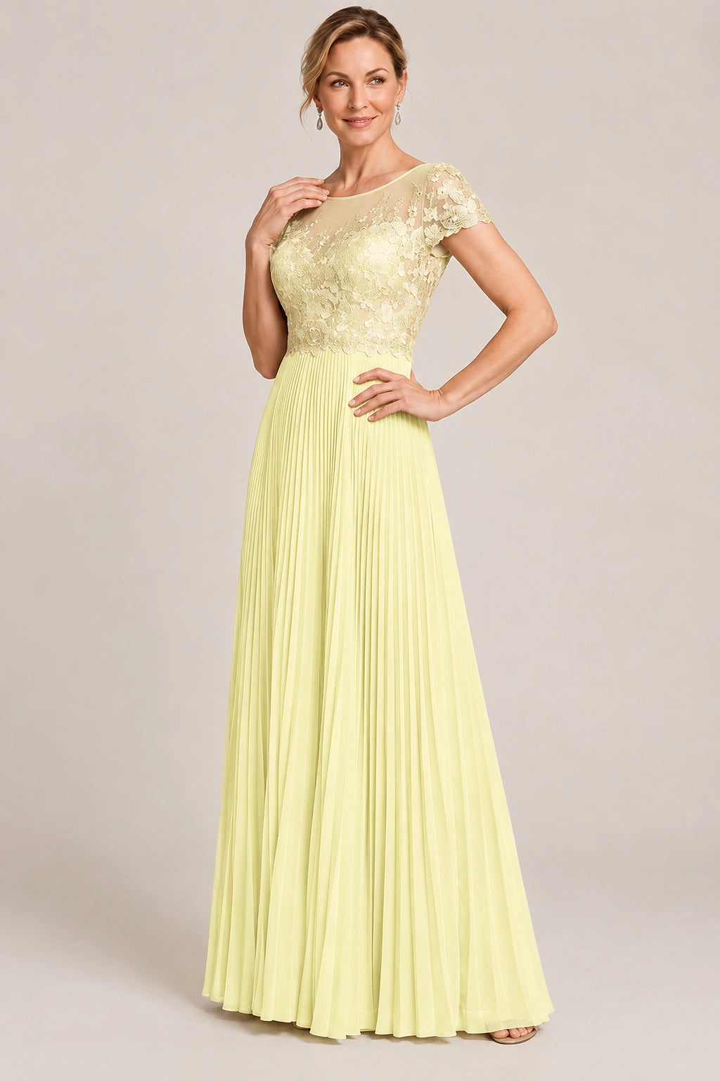 Embroidered Lace Pleated Mother of the Bride Dress