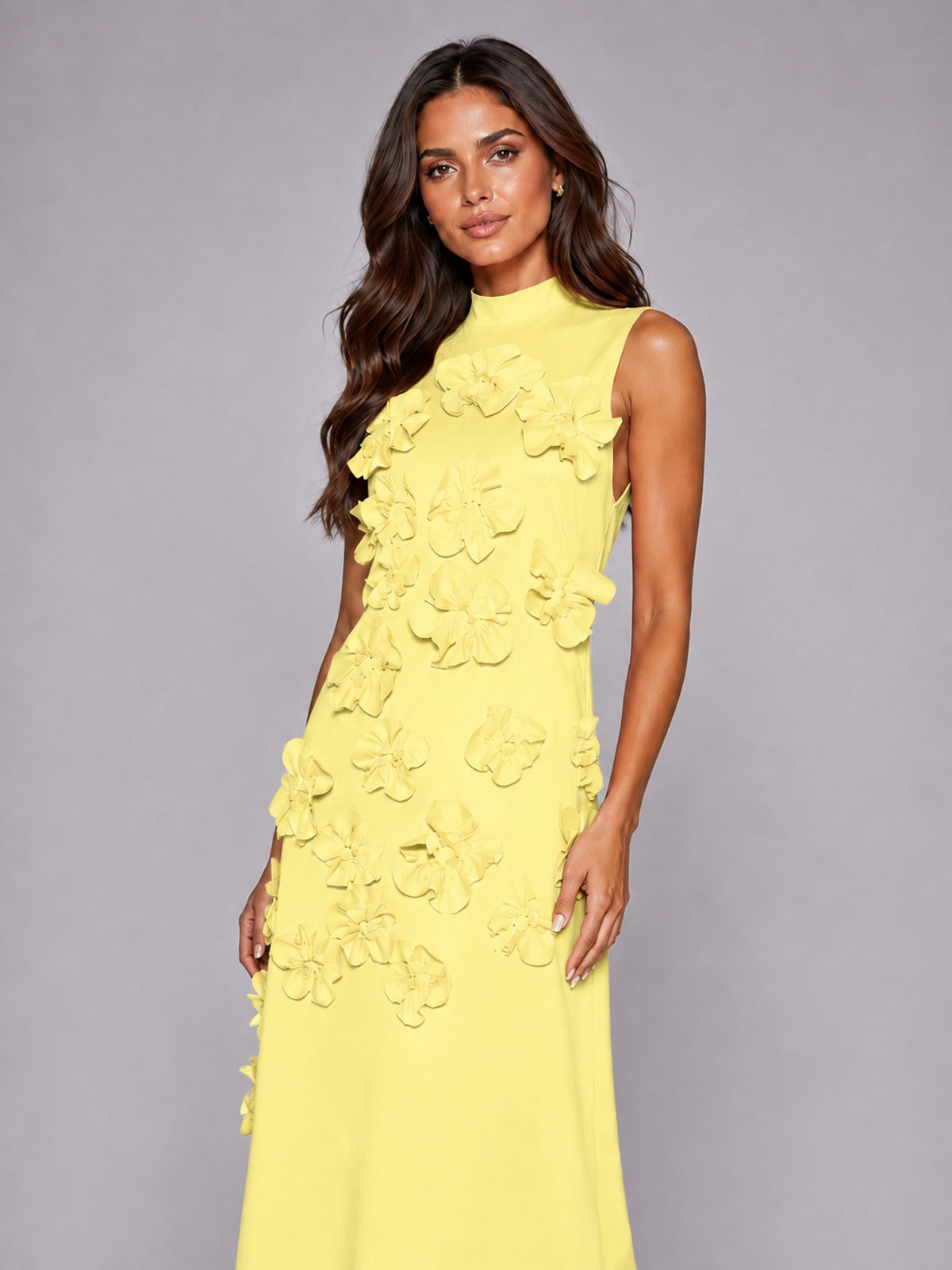 3D Floral Applique High Neck Prom Maxi Dress