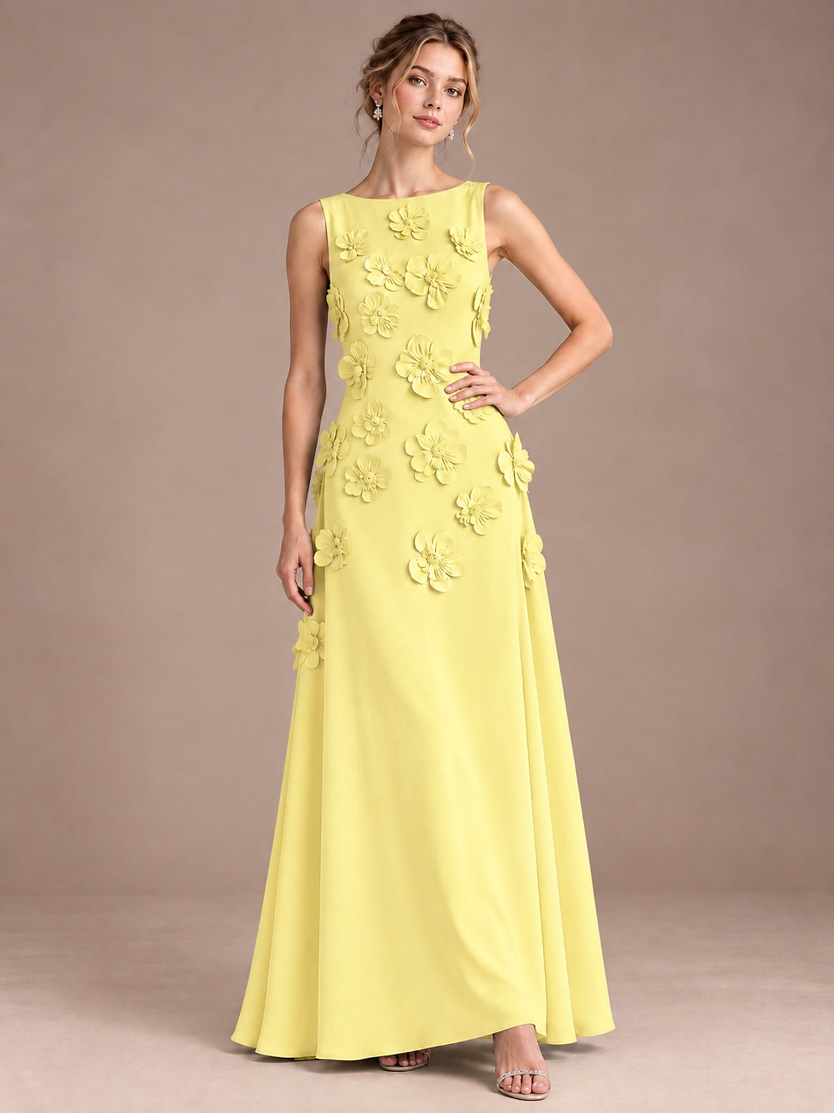 3D Floral Applique Sleeveless Formal Maxi Dress