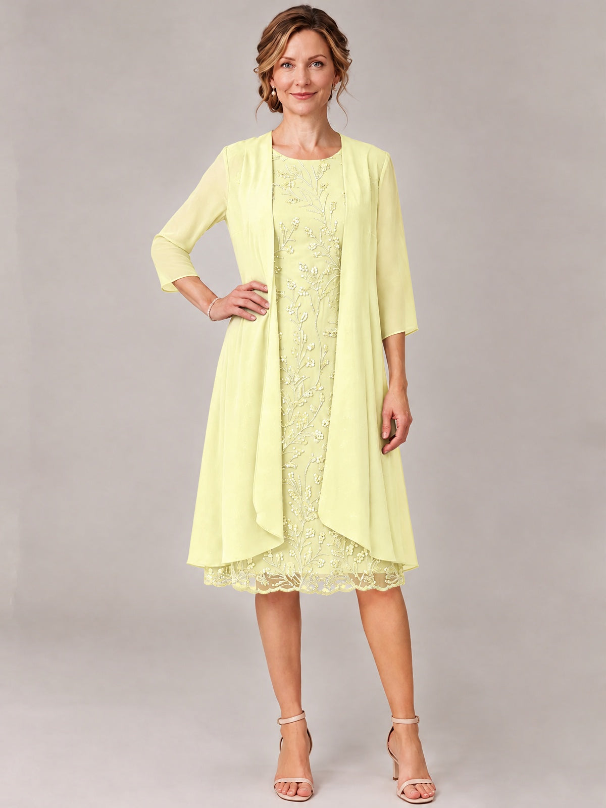 Tea Length Sequin Lace Mother of The Bride Dress with Chiffon Jacket
