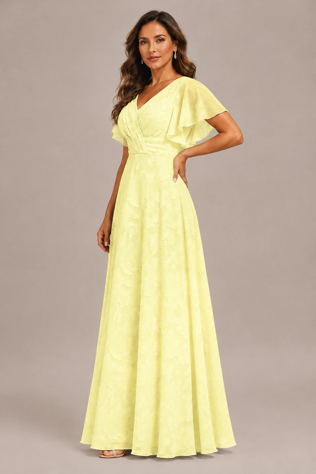 Jovellee Floral Chiffon A-Line Mother of the Bride Dress with Flutter Sleeves