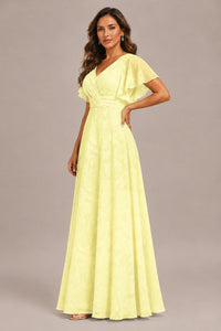 Jovellee Floral Chiffon A-Line Mother of the Bride Dress with Flutter Sleeves