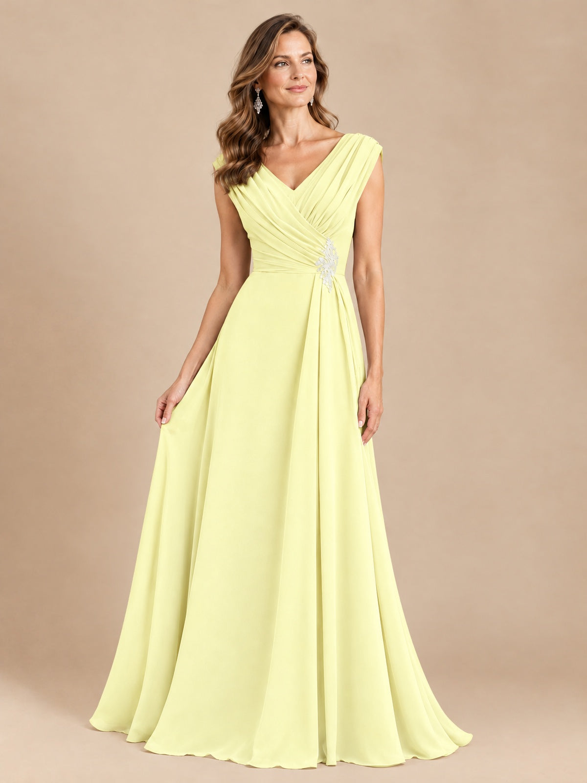 V Neck Pleated Mother of The Bride Dresses with Beading Cap Sleeves