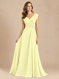 V Neck Pleated Mother of The Bride Dresses with Beading Cap Sleeves