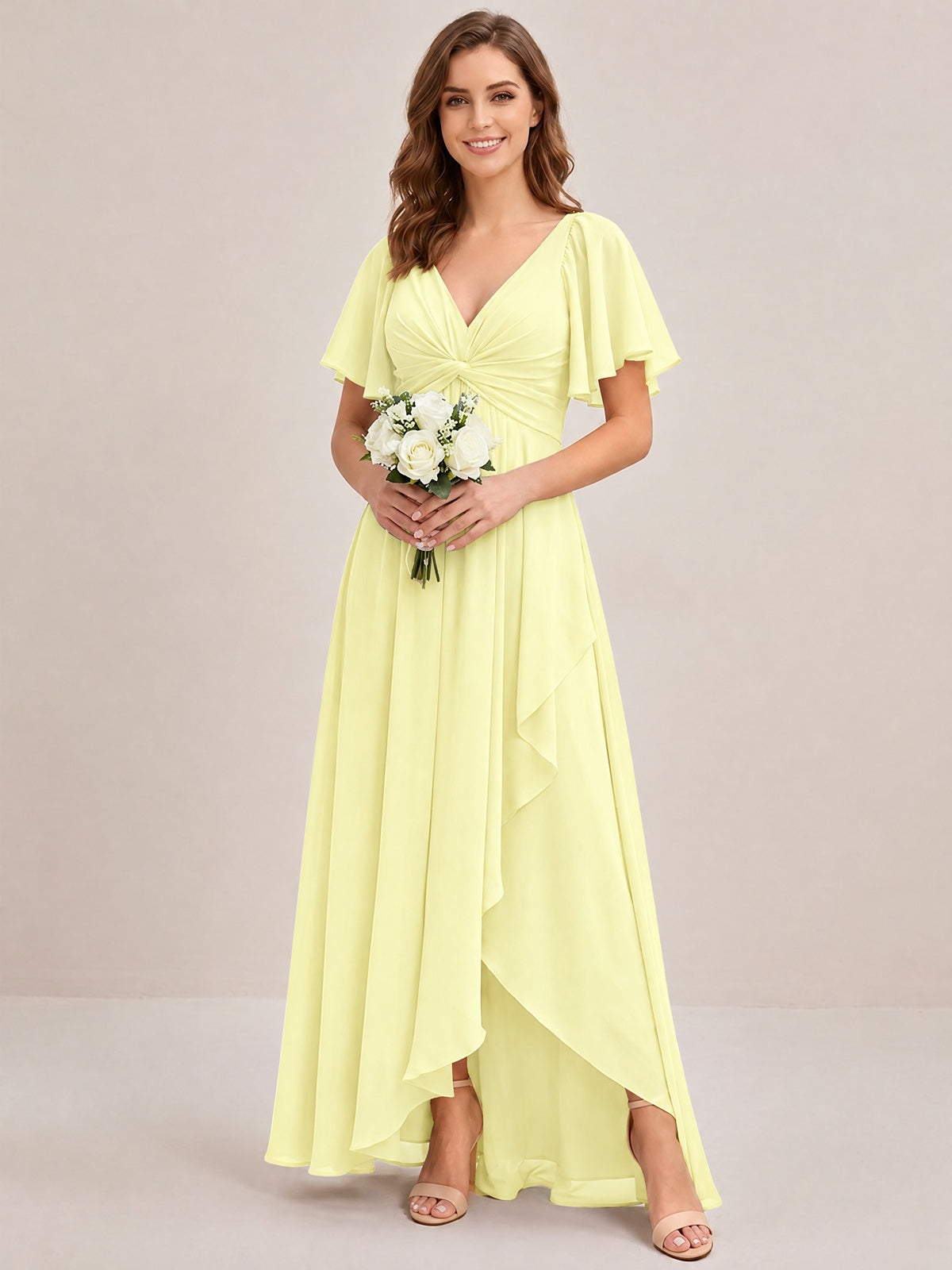 Dusty Blue Chiffon Bridesmaid Dress with Flutter Sleeves & High-Low Hem