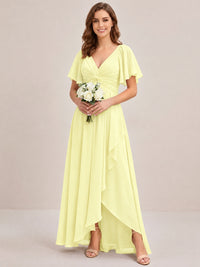 Dusty Blue Chiffon Bridesmaid Dress with Flutter Sleeves & High-Low Hem