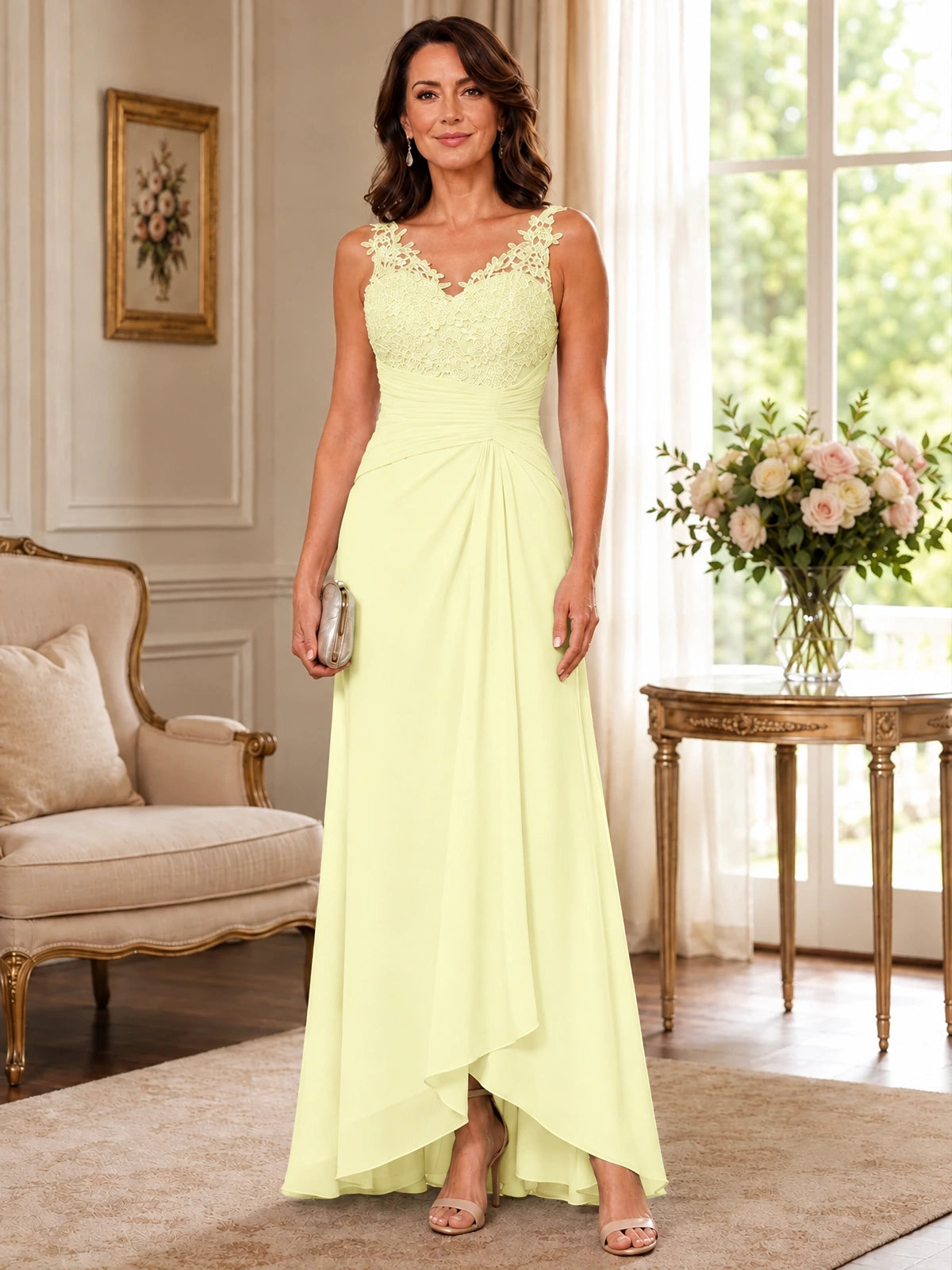 Elegant Chiffon Mother of the Bride Dress with Lace Applique and Cape Sleeves