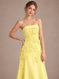 Yellow Strapless 3D Floral Appliques Maxi Dress