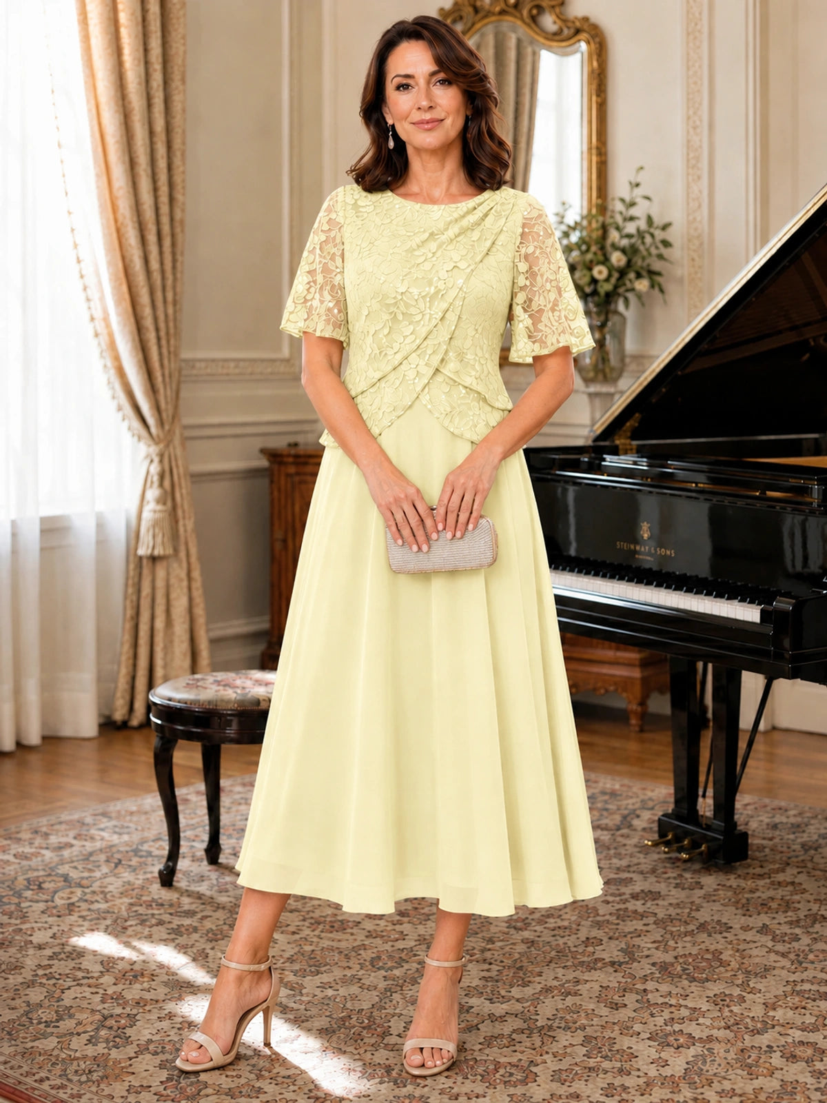 Tea-Length Chiffon Mother of the Bride Dress with Sequin Lace Sleeves