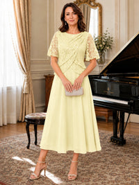 Tea-Length Chiffon Mother of the Bride Dress with Sequin Lace Sleeves