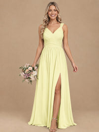 Pleated Chiffon V Neck Wedding Bridesmaid Dresses Floor Length with Slit