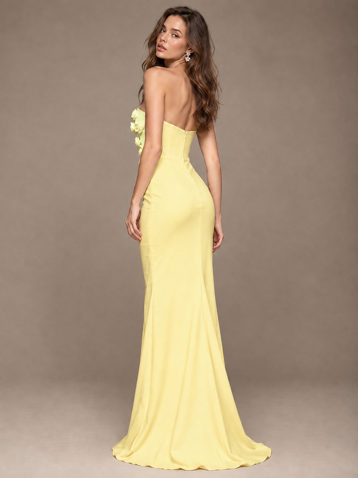 White Strapless Mermaid Maxi Dress with 3D Floral Appliques