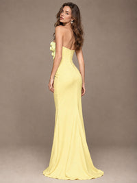 White Strapless Mermaid Maxi Dress with 3D Floral Appliques