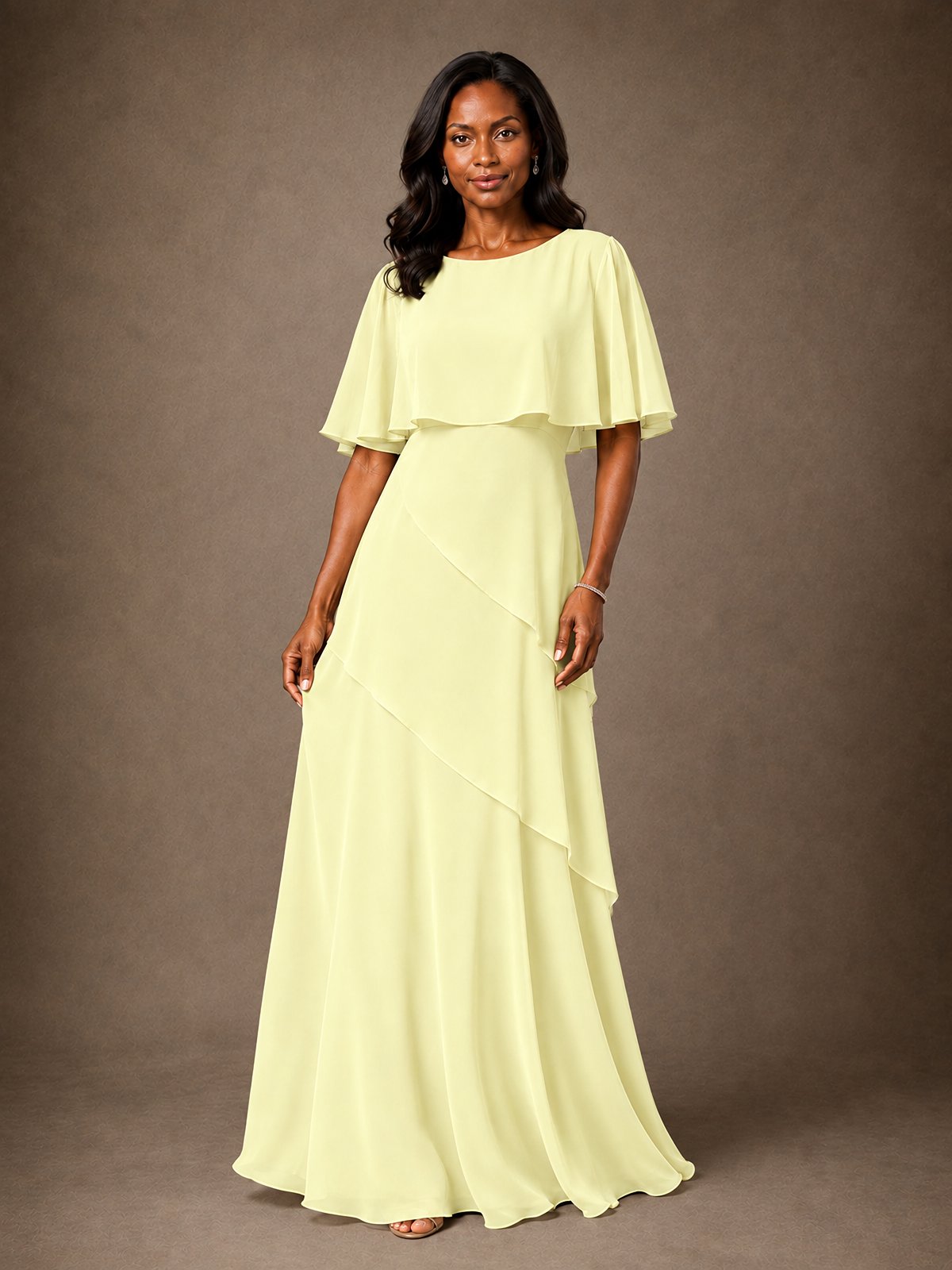 Taupe Chiffon A-Line Mother of the Bride Dress with Cape Sleeves