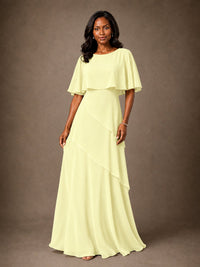 Taupe Chiffon A-Line Mother of the Bride Dress with Cape Sleeves