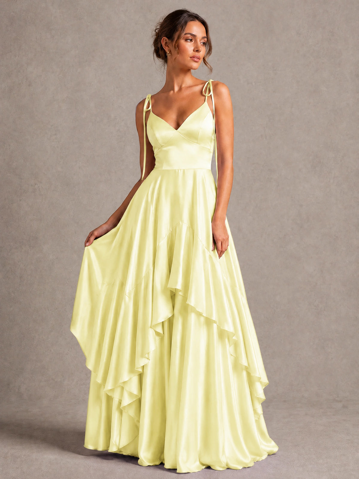 Lavender Satin V-Neck Ruffle Maxi Dress