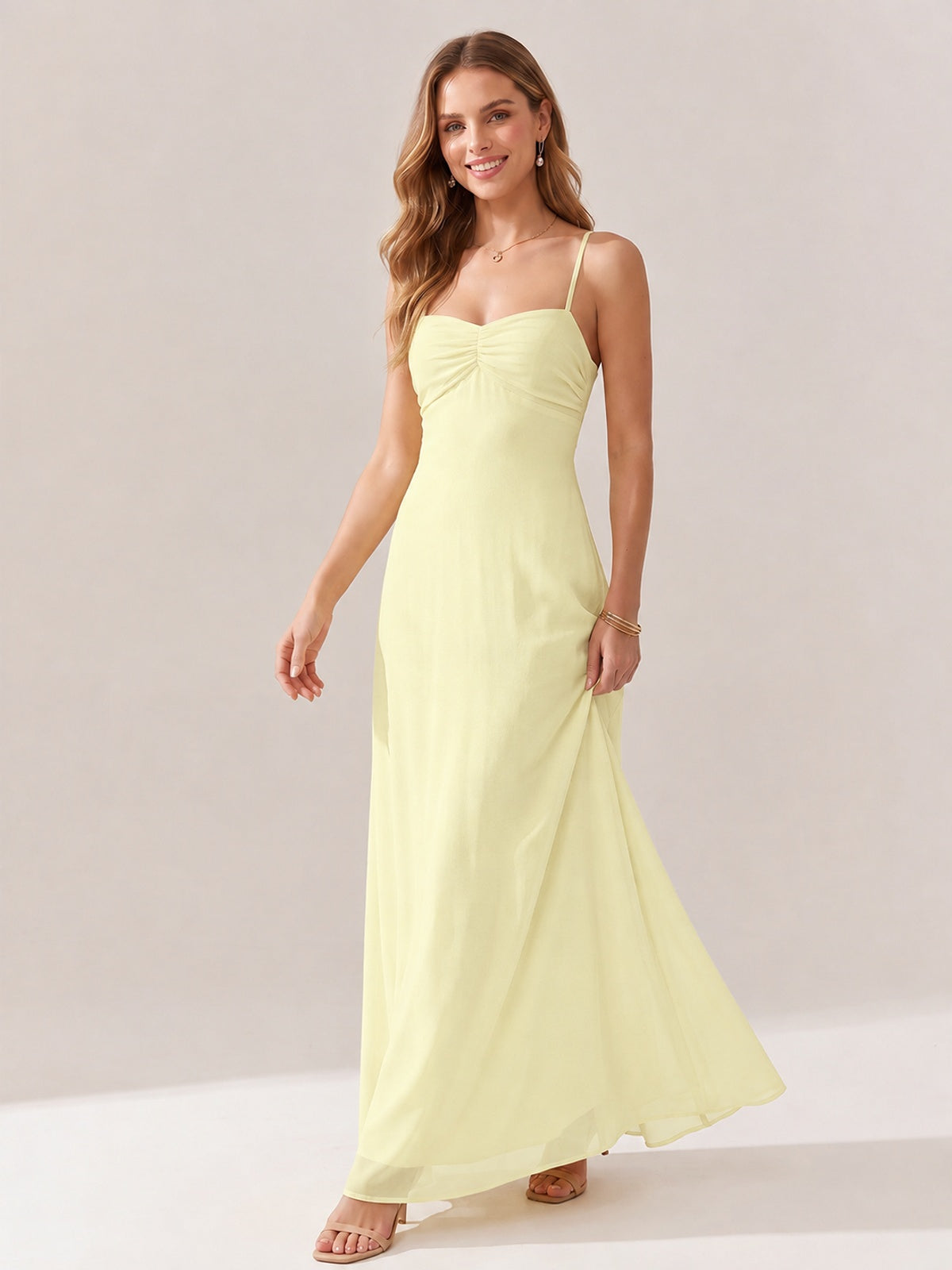 JOVELLEE Yellow Sweetheart Ruched Bust Chiffon Maxi Dress