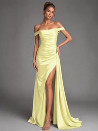 Off Shoulder Satin Maxi Dress with Slit