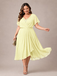 Navy Blue A-Line V-Neck Tea-Length Mother of the Bride Dress