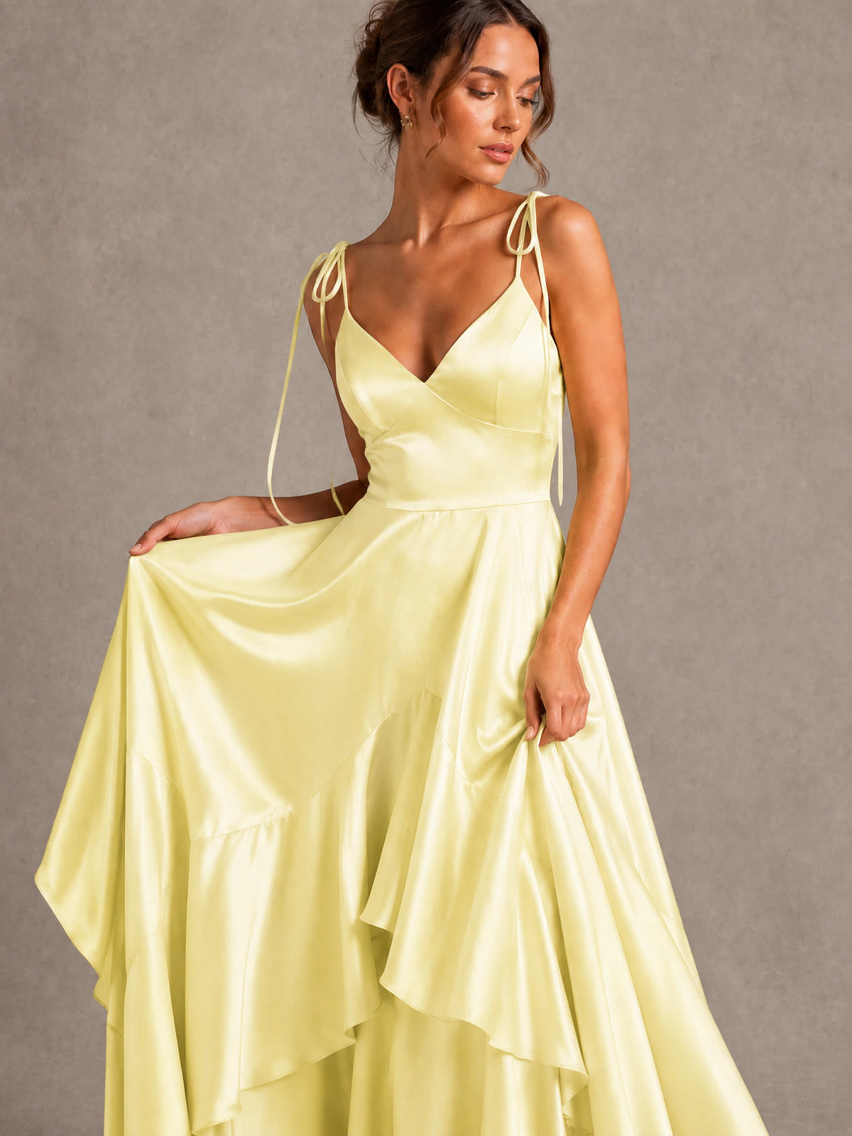 Lavender Satin V-Neck Ruffle Maxi Dress