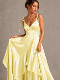 Lavender Satin V-Neck Ruffle Maxi Dress