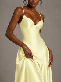 Lavender V Neck Satin Prom Dress with Spaghetti Straps