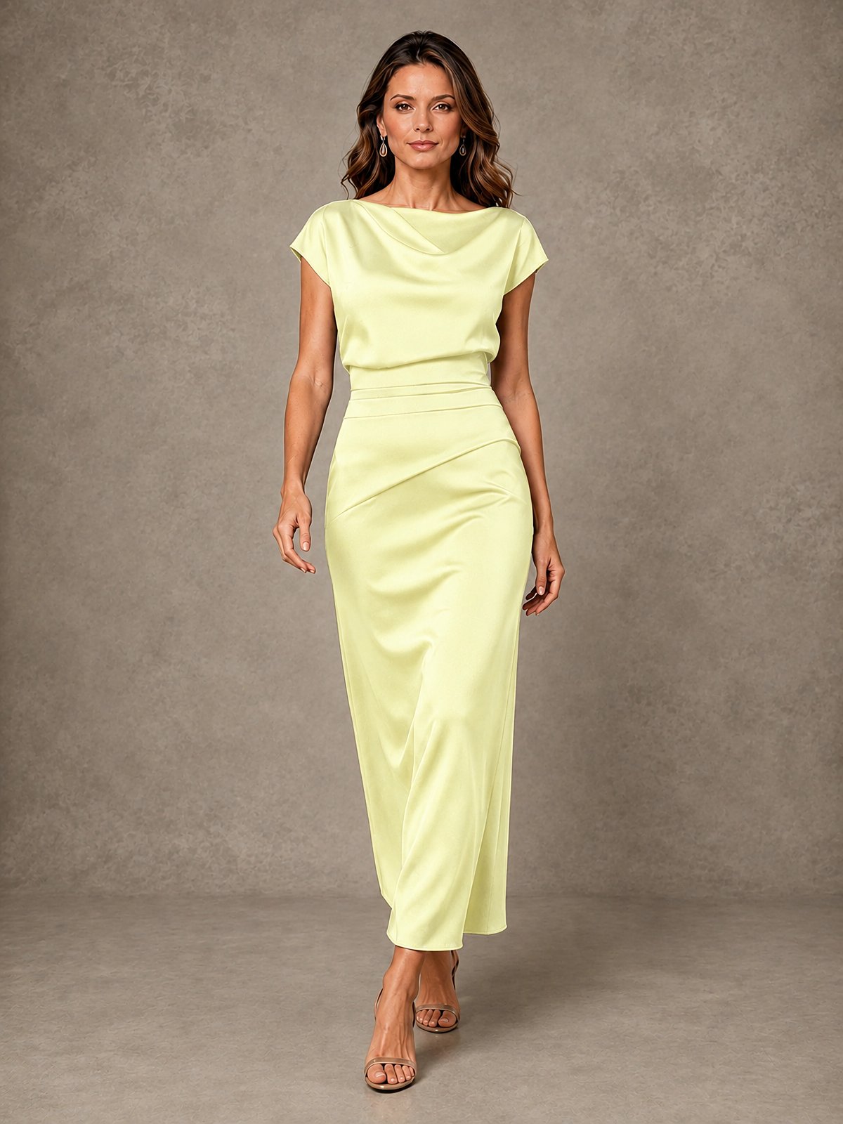 Cowl Neck Satin Mother of the Bride Dress with Ruched Waist