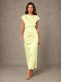 Cowl Neck Satin Mother of the Bride Dress with Ruched Waist