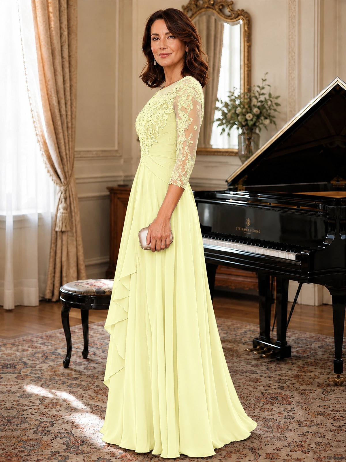 A-Line Chiffon Mother of the Bride Dress with Floral Applique 3/4 Sleeves