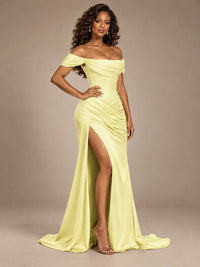 Burgundy Off-the-Shoulder Satin Corset Prom Dress with Slit