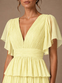 Chiffon V-Neck Tiered Ruffle Bridesmaid Dress with Slit