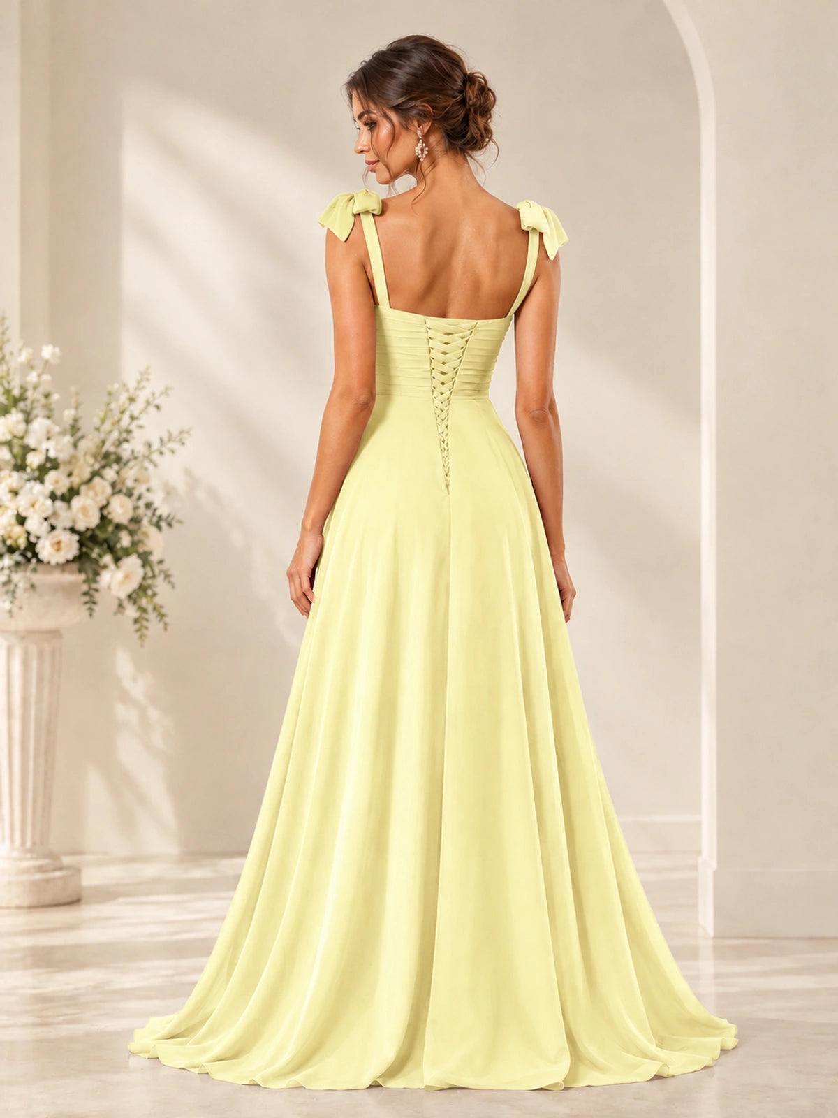 Ruffle Slit Chiffon A Line Scoop Neck Bridesmaid Dresses with Pockets