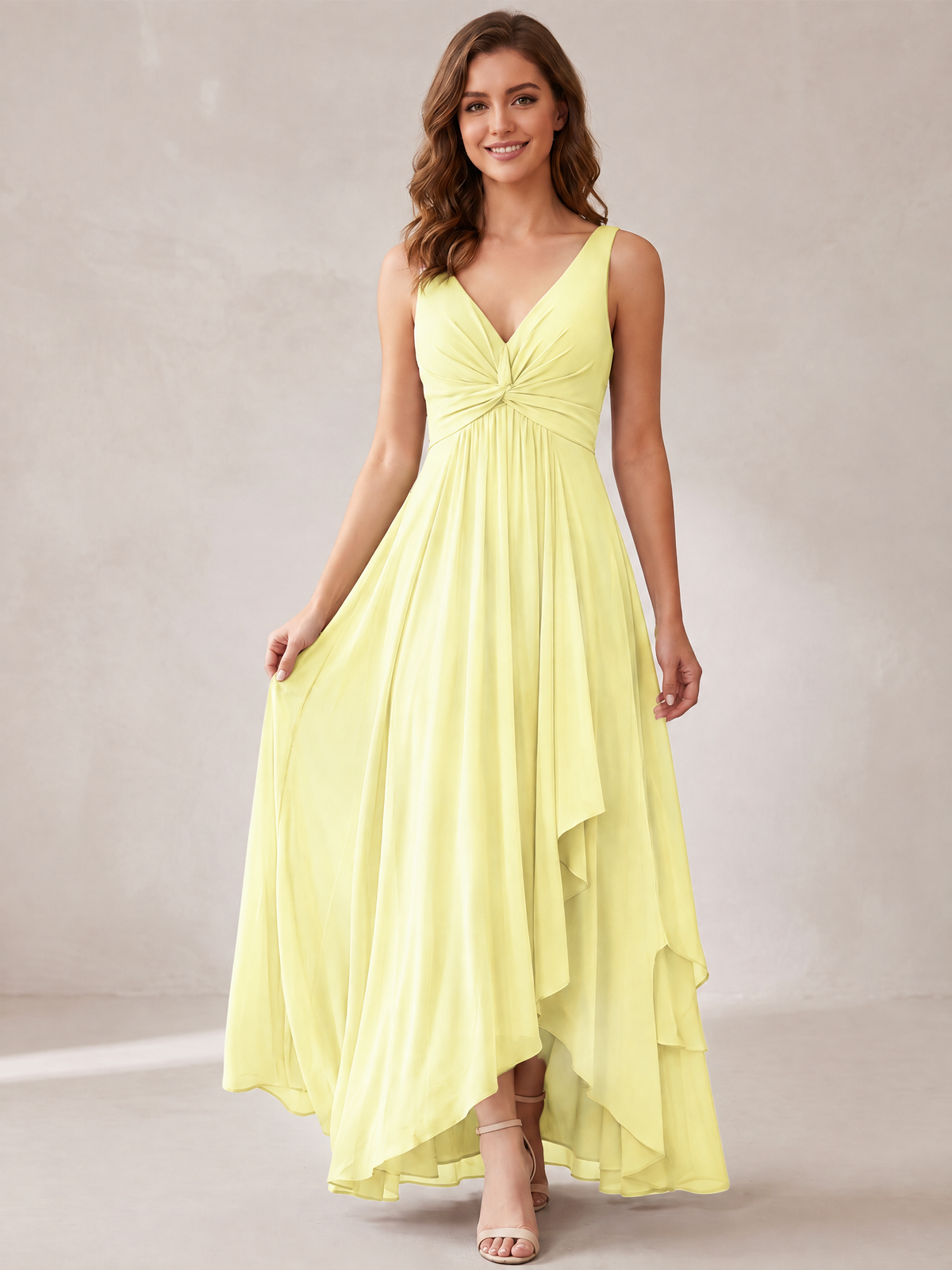 V-Neck High-Low Chiffon Bridesmaid Dress with Ruffles