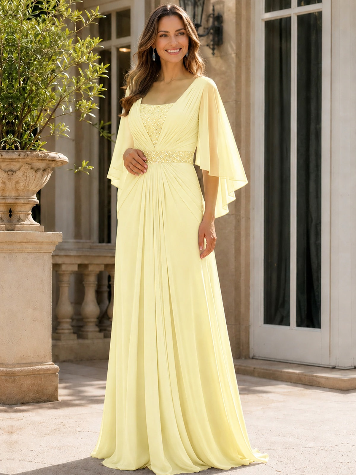 Elegant V-Neck Sequined Chiffon Mother of the Bride Dress with Flutter Sleeves