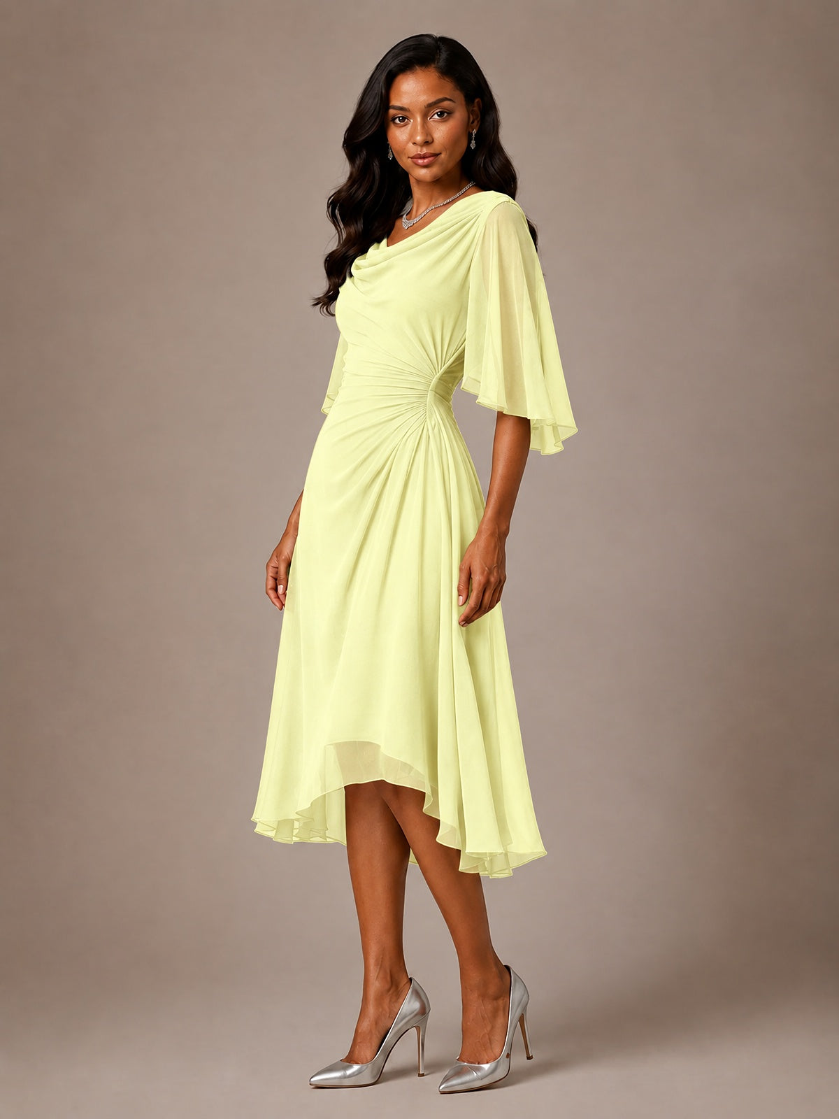 Cowl Neck Ruched Chiffon Mother of the Bride Dresses with Flutter Sleeves