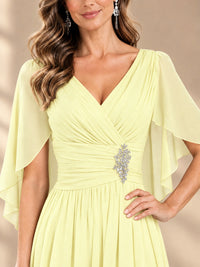Ruched V Neck Mother of The Bride Dresses with Shawls Appliques and Cap Sleeves