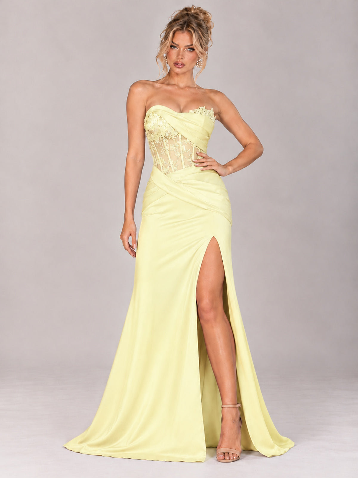 Strapless Satin Prom Dress with Sheer Lace Corset & High Slit