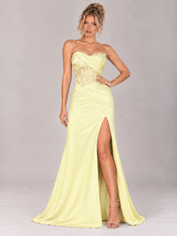 Strapless Satin Prom Dress with Sheer Lace Corset & High Slit