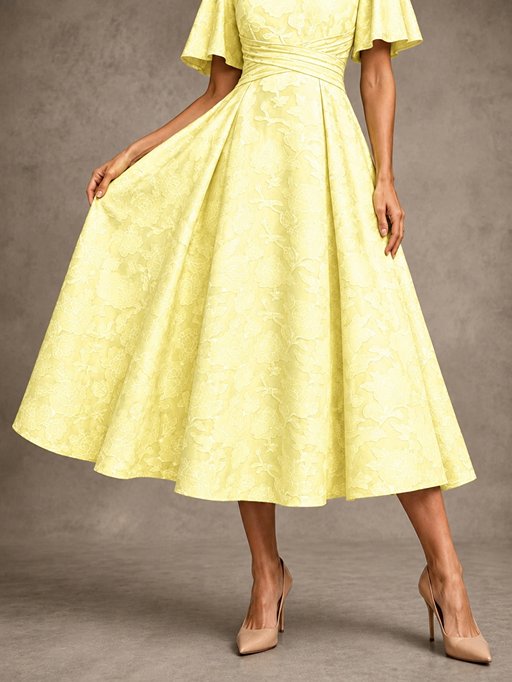 V-Neck Floral Jacquard Tea-Length Mother of the Bride Dress
