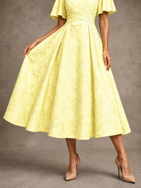 V-Neck Floral Jacquard Tea-Length Mother of the Bride Dress