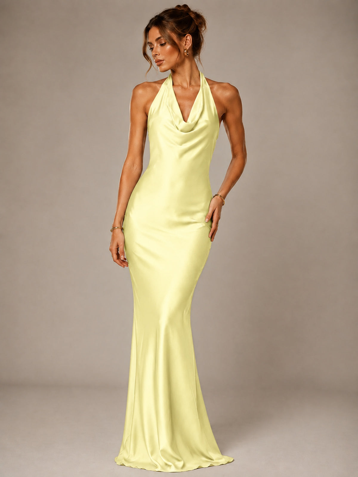 Olive Green Halter Satin Mermaid Maxi Dress
