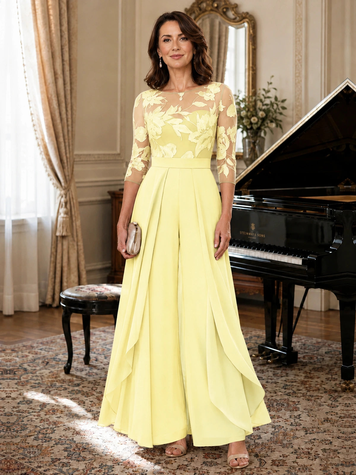 Lace Applique Wide-Leg Chiffon Mother of the Bride Jumpsuit