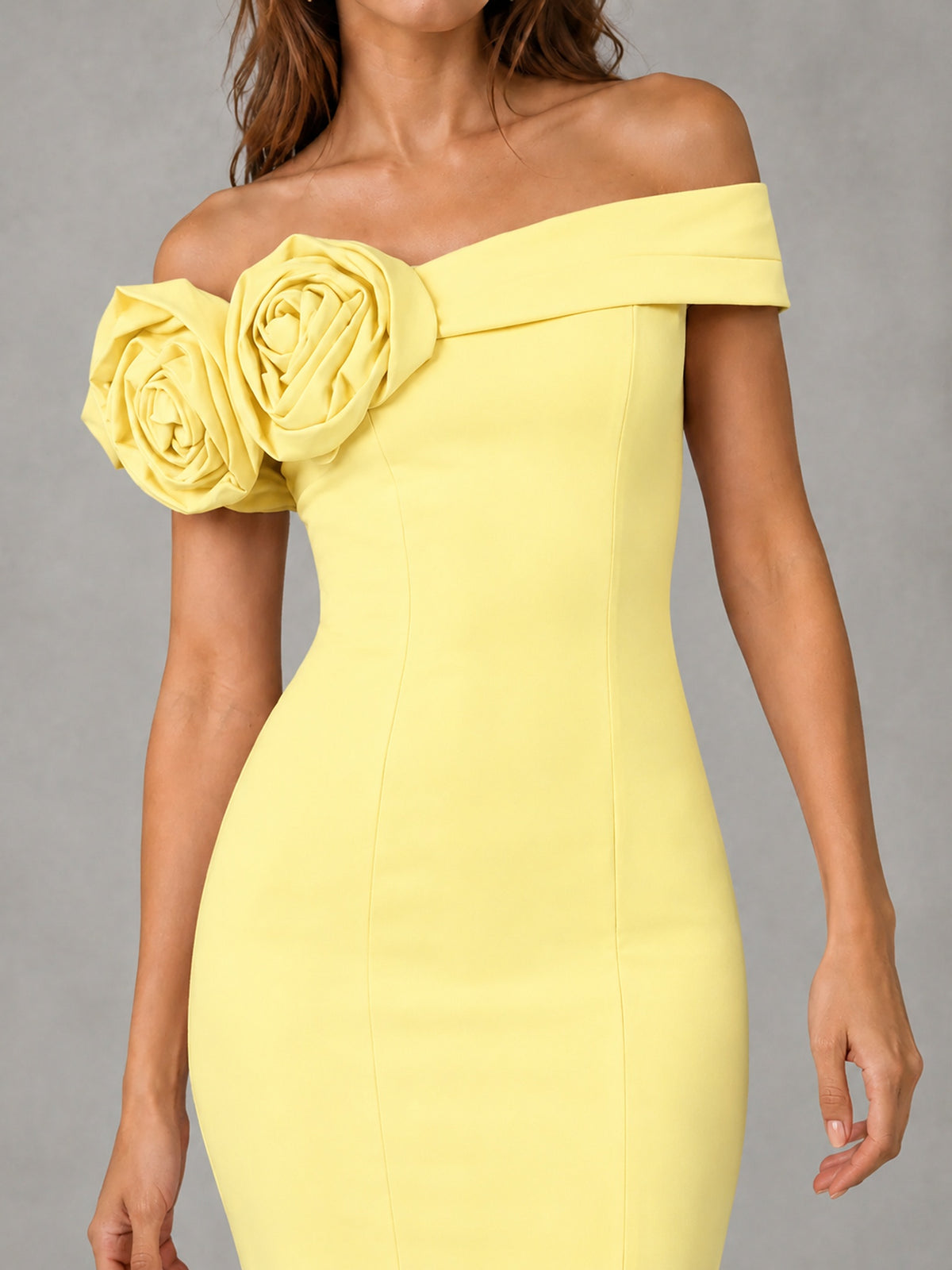 Blush Pink Off Shoulder Mermaid Bridesmaid Dress with Floral Rosette
