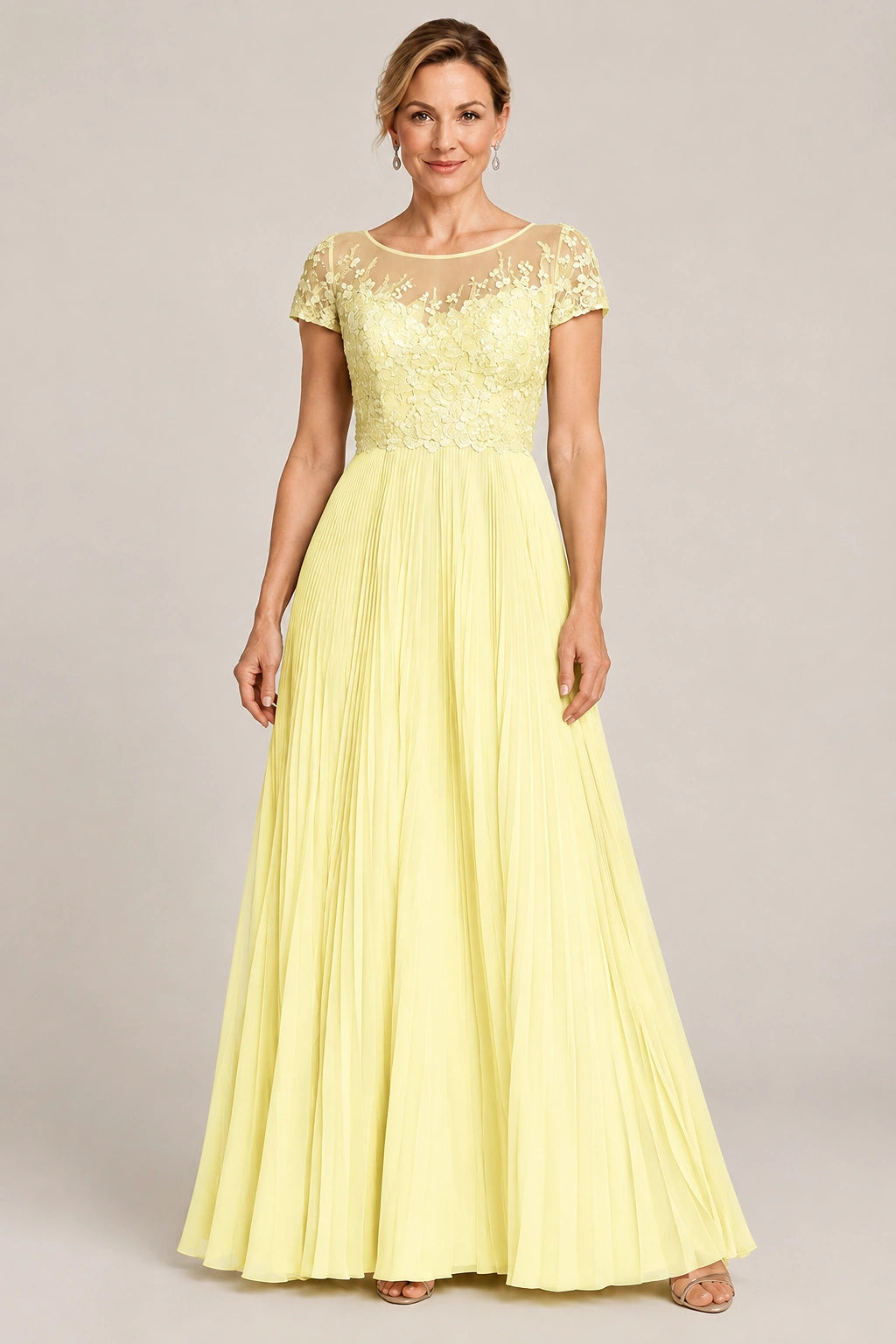Embroidered Lace Pleated Mother of the Bride Dress