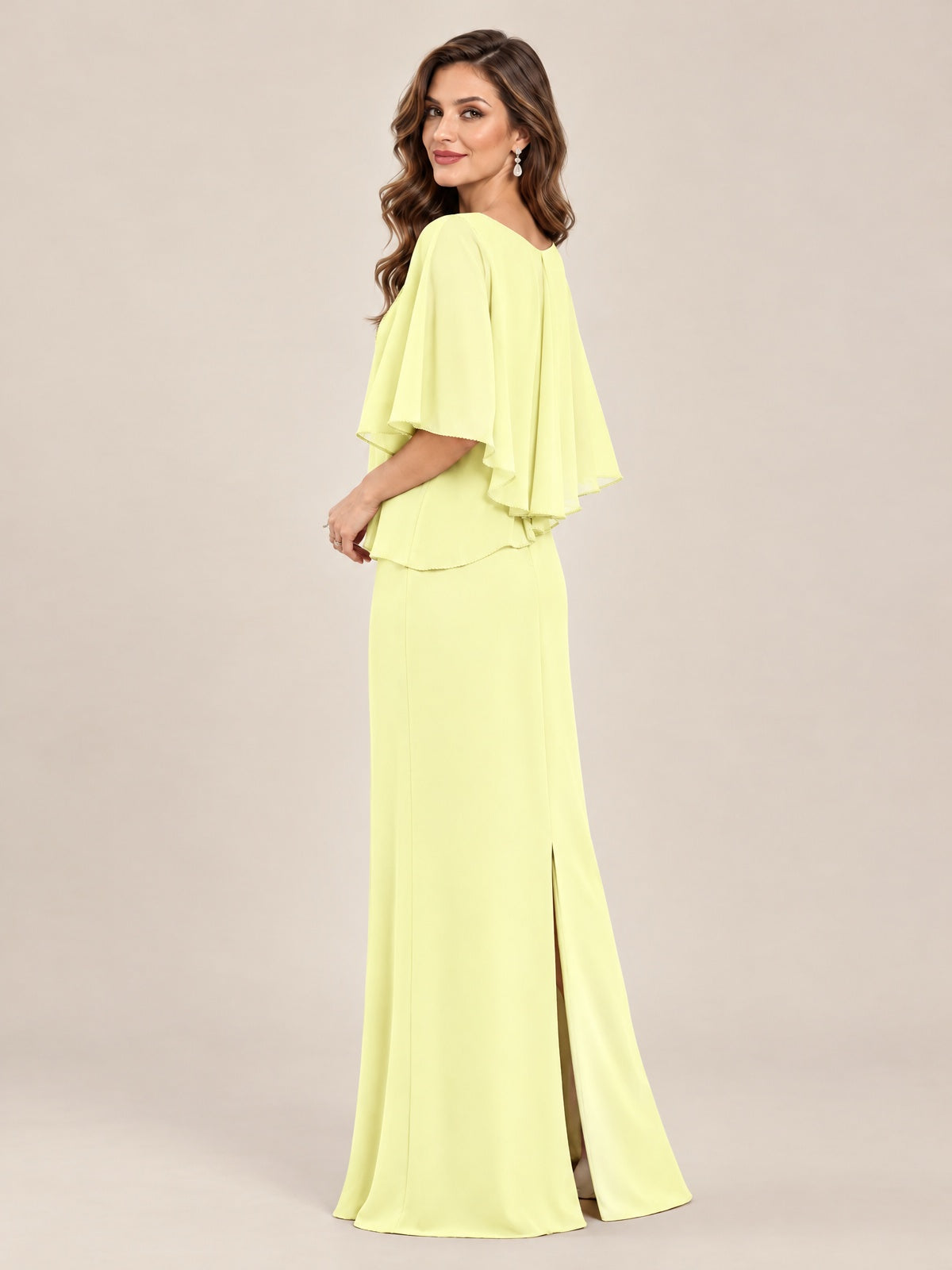 Cape Sleeve Mother of the Bride Dress with Asymmetrical Overlay