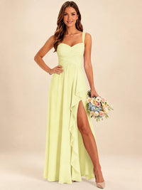 Spaghetti Straps Pleated Chiffon Bridesmaid Dress with Ruffle Slit