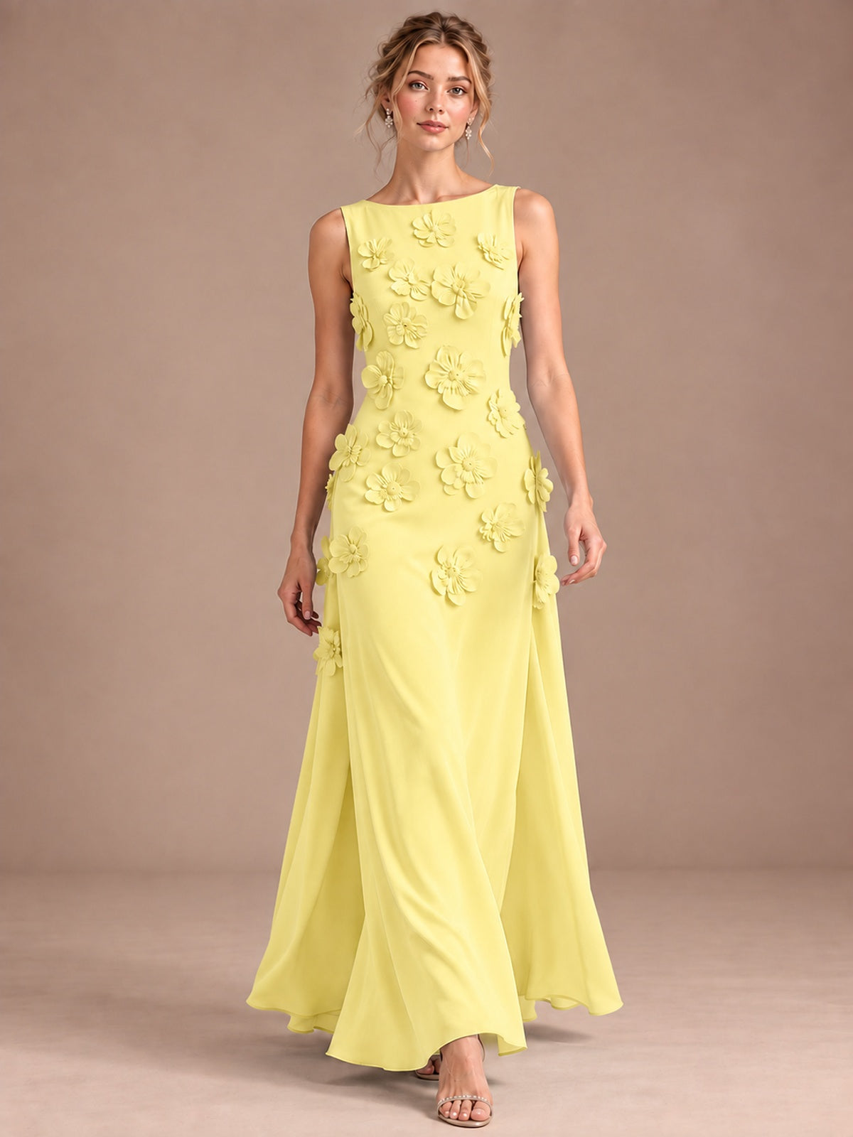 3D Floral Applique Sleeveless Formal Maxi Dress