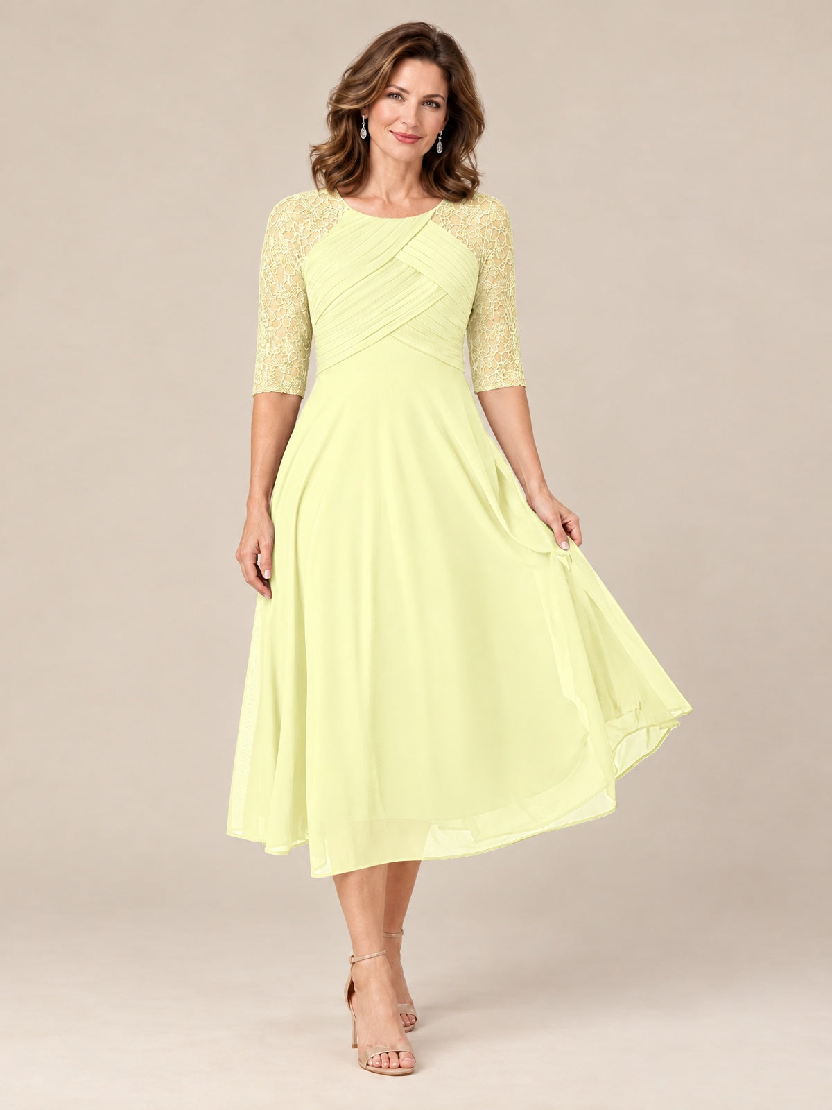 Tea-Length Mother of the Bride Dress with Lace 3/4 Sleeves